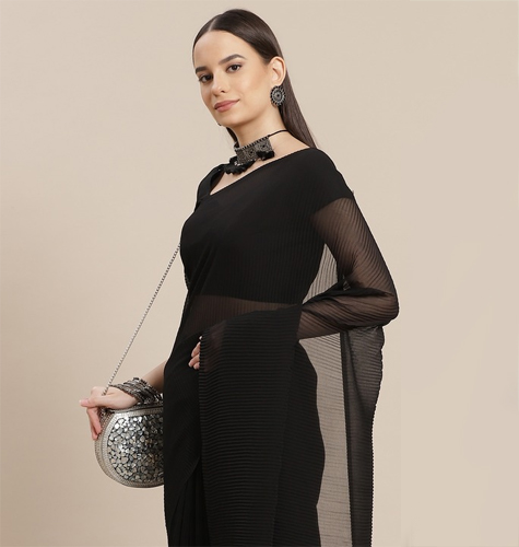 Black Solid Accordion Pleated Saree